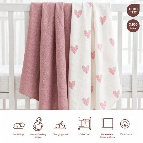Bebekevi Bebekevi Spucktuch - Multitücher - Decke Müsselin 80 × 90 cm - 2er set - 100 % Baumwolle, Coral-herz, – Produktbild 3 von 3