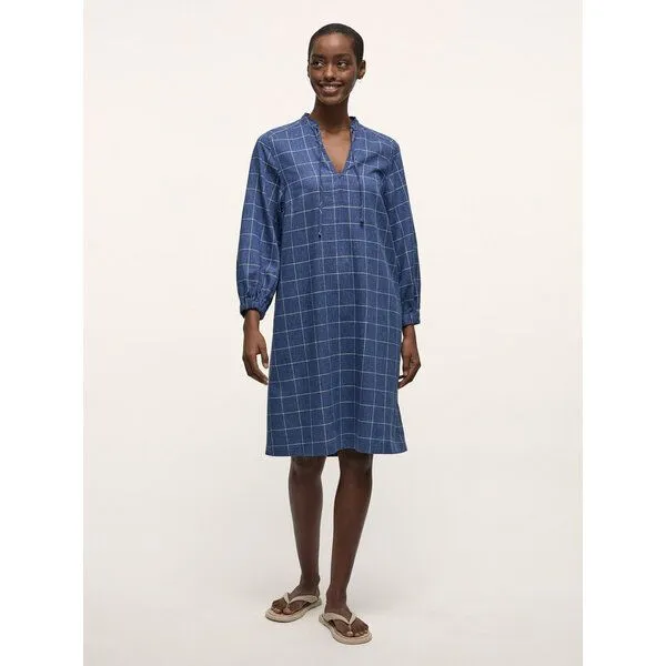 LANIUS LANIUS Karo-Kleid mit V-Ausschnitt aus Hanf und TENCEL, Blue/cream, – Produktbild 3 von 4