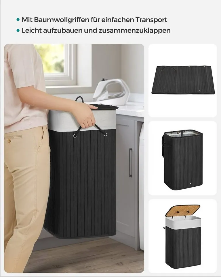 SONGMICS SONGMICS Wäschekorb mit Deckel, Wäschesammler aus Bambus, faltbar, für Waschküche, 72 Liter, Wäschesack herausnehmbar und maschinenwaschbar, 40x30x61 cm, Schwarz, – Produktbild 5 von 5
