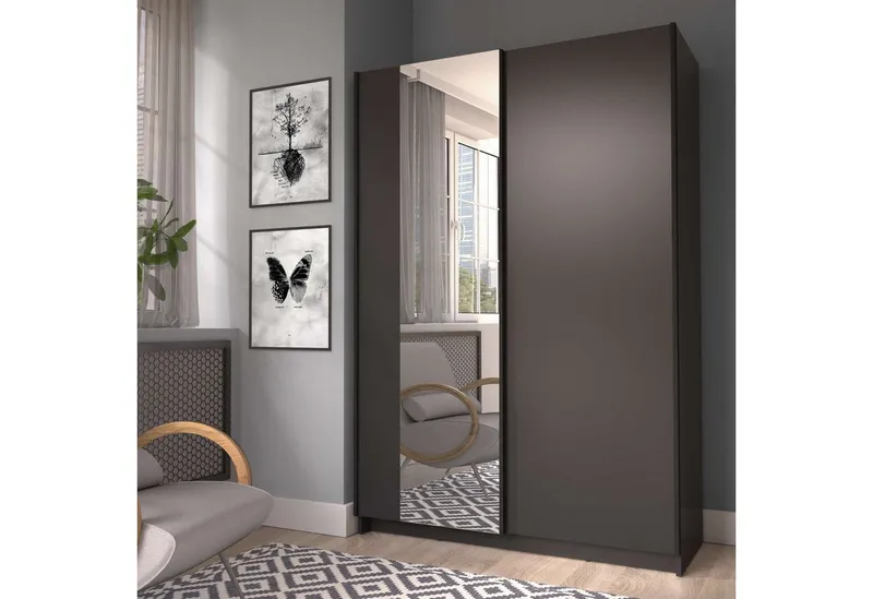 Home affaire Kleiderschrank Hildreth, Wäscheschrank, Schwebetüren, Versand nur 4,95! mit Spiegel, FSC®-zertifizierter Holzwerkstoff, Schwarz, – Produktbild 1 von 5