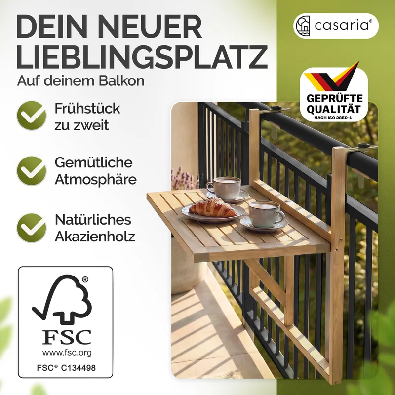 Casaria® Casaria® Balkonhängetisch Akazienholz Teak-Optik 65x45x87cm FSC®-zertifiziert klappbar – Produktbild 2 von 2
