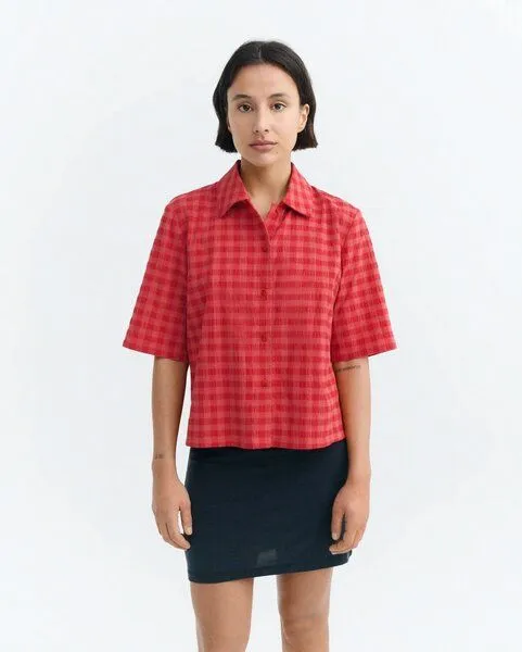 thinking mu thinking mu Red Checks Seersucker Ane Blouse, Red, – Produktbild 1 von 3