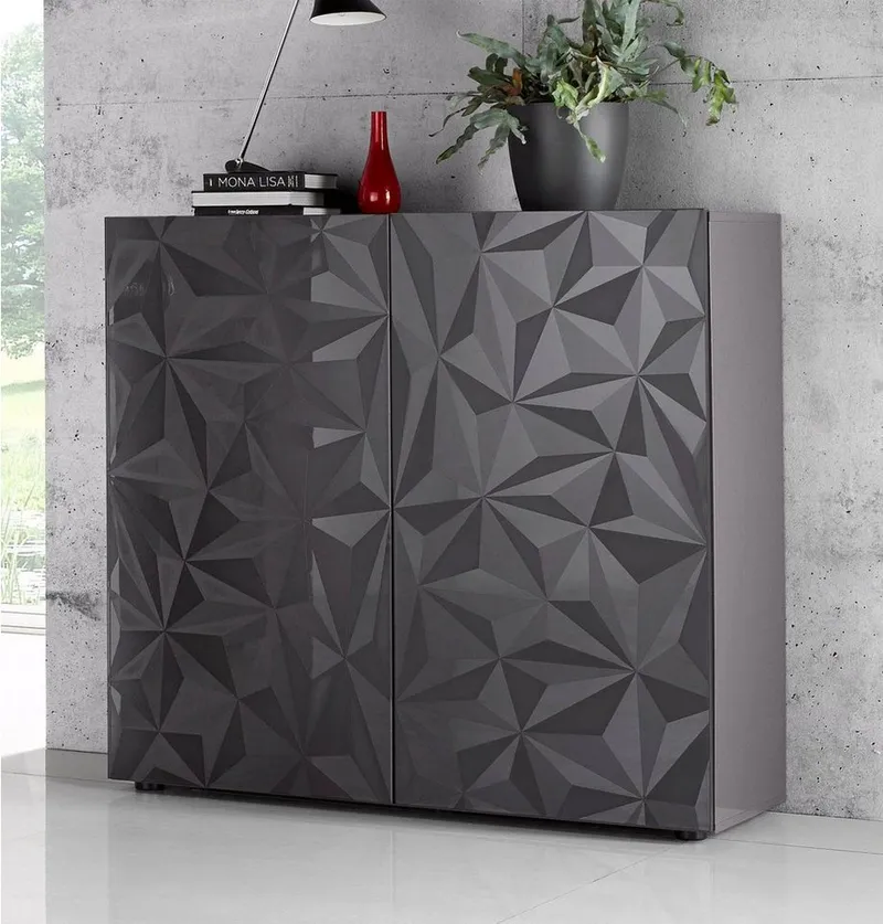Home affaire Highboard Prisma Höhe 111 cm, Breite 121 cm, Kommode 2 Türen, Hochkommode, Front mit elegantem Siebdruck, grifflos, viel Stauraum, Grau, – Produktbild 2 von 4