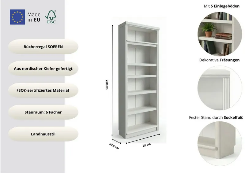 OTTO home Bücherregal Soeren Regal B/T/H: 80/33,5/220 cm, mit 6 Fächern, massive Kiefer, FSC®-zertifizier, Weiß, – Produktbild 1 von 5