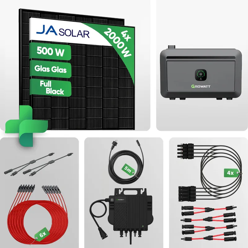 Growatt 2000W Balkonkraftwerk mit Speicher 2 kWh | Growatt NEO 800W WiFi | Mini PV Anlage Steckdose | JA Solar 500W Glas-Glas Bifacial Full Black – Produktbild 1 von 8