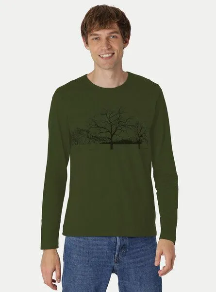 Peaces.bio - handbedruckte Biomode Peaces.bio - handbedruckte Biomode Herren Langarmshirt Landscape, Waldgrün, – Produktbild 2 von 2