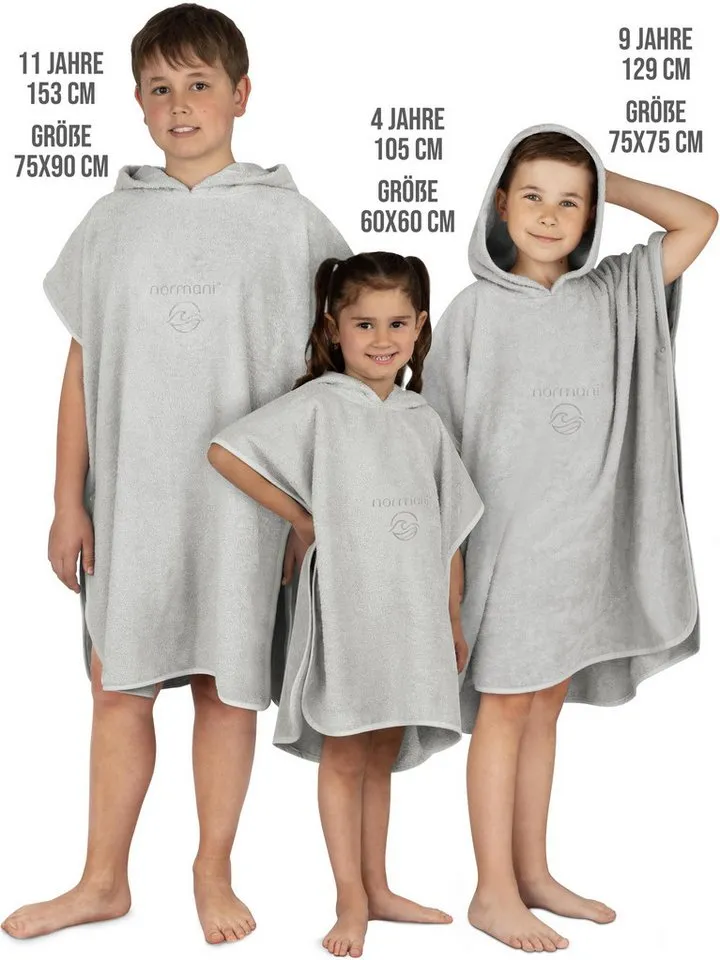 normani Badeponcho Badeponcho aus Bio-Baumwolle für Kinder, Bio-Baumwolle, Kapuze, Schlupf, Kinderbademantel mit Kapuze Strandponcho, Beige|grau, – Produktbild 1 von 5