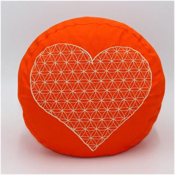 BAGHI BAGHI Bio Meditationskissen rund Herz-Blume-des-Lebens, Orange mit goldener bestickung, – Produktbild 1 von 2