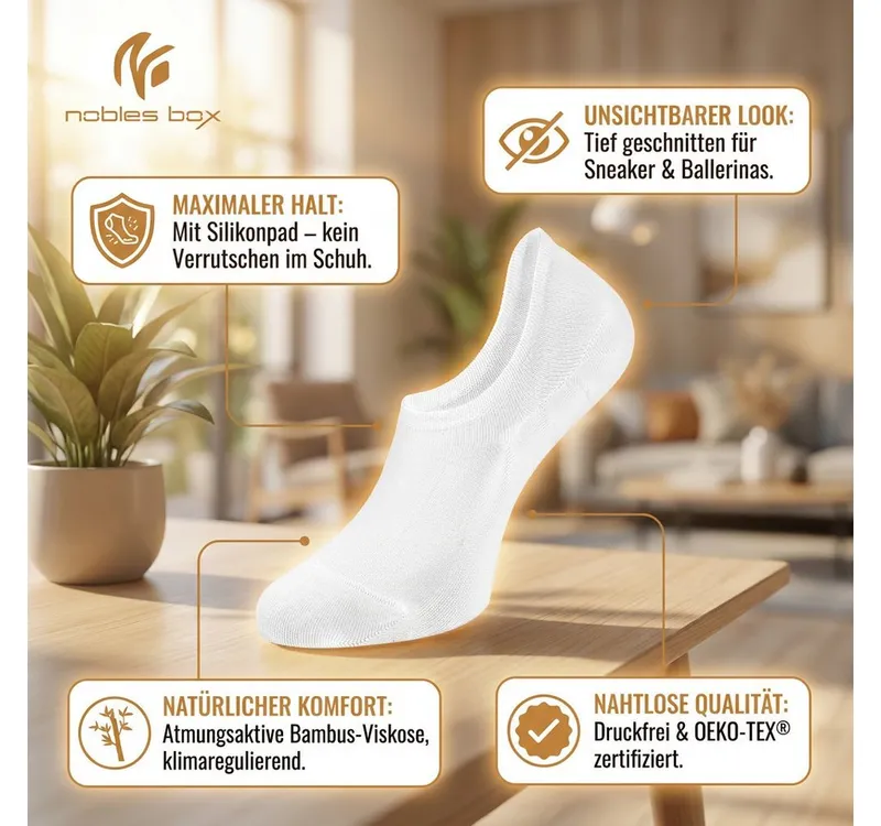 NoblesBox Kurzsocken Bambus Füßlinge Socken - No Show Socken - Unsichtbar & Rutschfest (Box, 6-Paar) Anti-Rutsch, Weiß, – Produktbild 2 von 5
