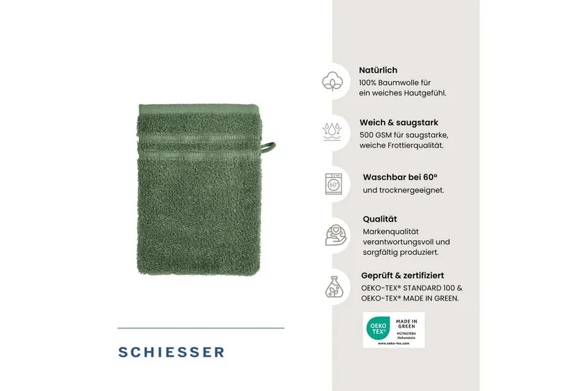 Schiesser Schiesser Waschhandschuh Milano Waschhandschuh-Set aus weicher Baumwolle in Frottier-Qualität, (5-St), mit Webbordüre, Grün, – Produktbild 2 von 6