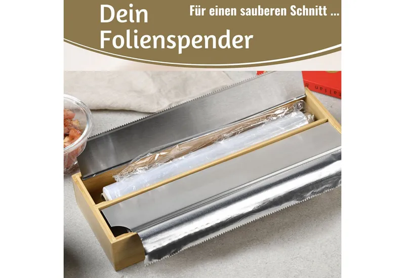 LS-LebenStil Folienspender 2-fach Holz Bambus Schubladen Alufolienspender Folienschneider 35x13cm, (für Schubladen ideal, Abroller Alufolienspender Alufolien-Spender, 1-St., Folienabroller passend für Alufolie Frischhaltefolie), FSC zertifiziert, Braun, – Produktbild 3 von 5