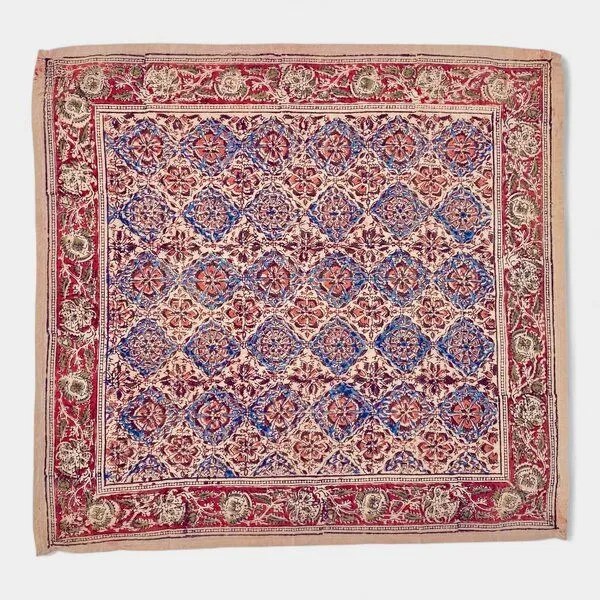 Der Lindwurm Der Lindwurm Kalamkari- Tuch (55x55 cm), Handdruck mit Pflanzenfarben, Blau/rot/beige, – Produktbild 1 von 2