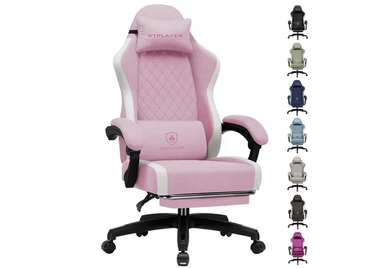 GTPLAYER Gaming-Stuhl Ergonomischer Gaming Sessel Schreibtischstuhl aus Stoff/Kunstleder (Packung), Federsitzkissen mit Fußstütze, Rosa, – Produktbild 1 von 5