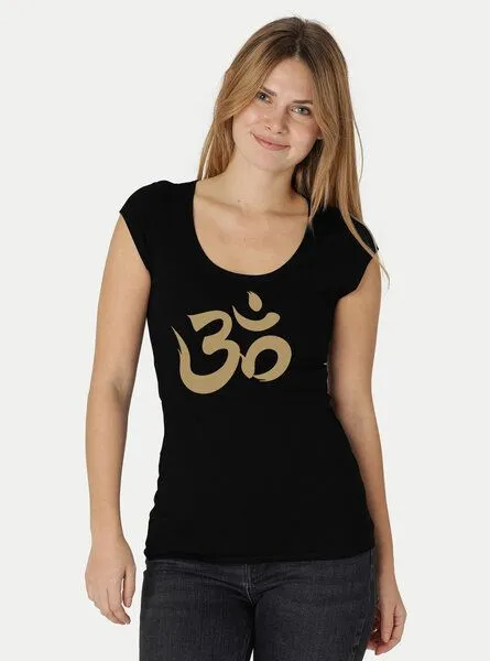 Peaces.bio - handbedruckte Biomode Peaces.bio - handbedruckte Biomode Roundneck Shirt Damen OM, Schwarz, – Produktbild 2 von 2