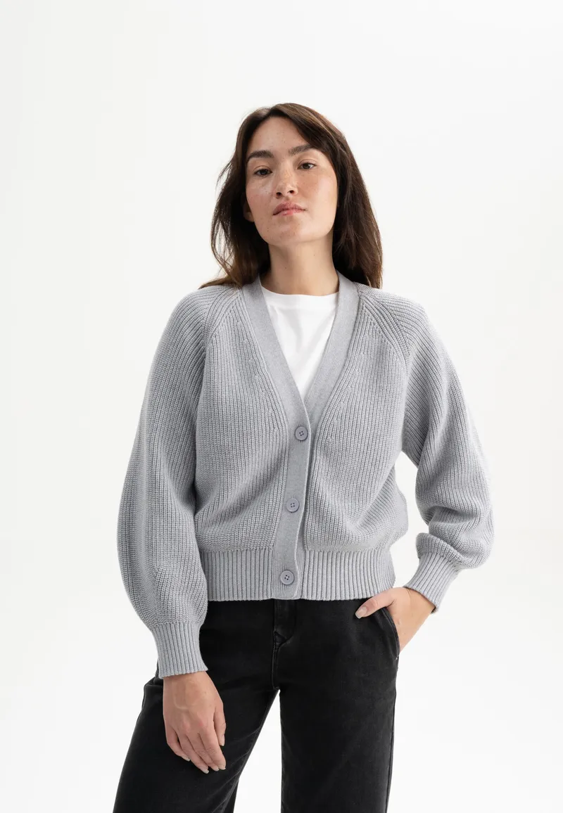 MELA MELA Damen vegan Rippenstrickjacke Bhuma Grau Melange, Hellgrau, – Produktbild 1 von 2