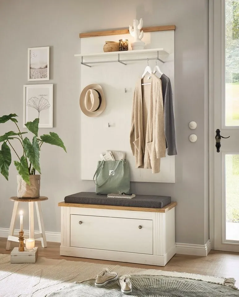OTTO home Garderobenpaneel Westminster, Wandregal im Landhausstil Flurgarderobe Garderobe Paneel, mit Ablage, Haken & Kleiderstange aus Metall, in 2 Farben erhältlich, Weiß, – Produktbild 3 von 5