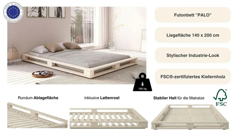 OTTO home Futonbett "PALO " Massivholzbett, rundum Ablagefläche (H/B/T ca. 16/158/218), Bodenbett, zertifiziertes Massivholz (Kiefer), Weiß, – Produktbild 3 von 5