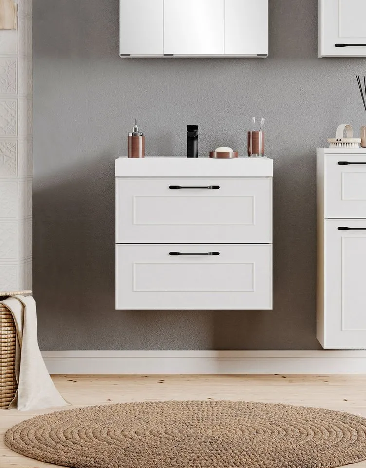 welltime Waschtisch CADIZ, Waschtisch, matt weiß, Landhaus-Optik, schwarze Aktzente, Weiß, – Produktbild 3 von 5