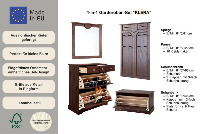 OTTO home Garderoben-Set Klera, (Set, 4-St), 4-teilig, aus massiver Kiefer, FSC®-zertifiziert, Beige|braun, – Produktbild 4 von 5