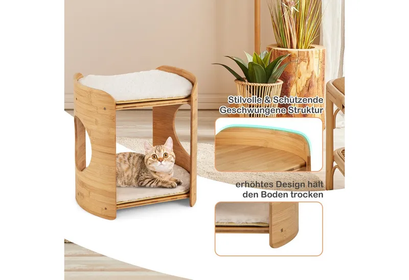 KOMFOTTEU Tierbett, 2 stöckiger Katzenbett, aus Bambus, Beige, – Produktbild 5 von 5