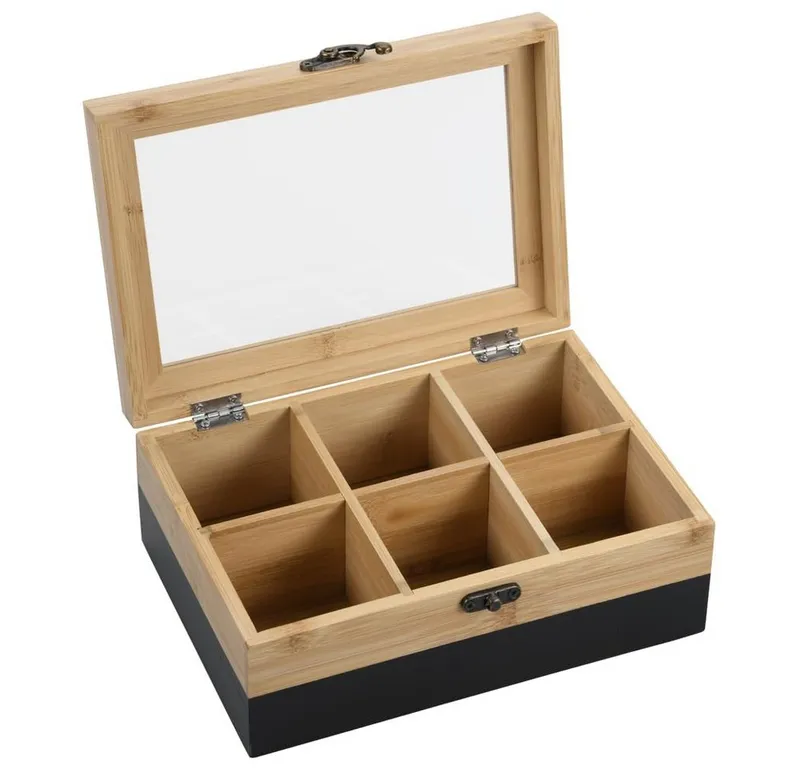 Kesper Kesper Aufbewahrungsbox Tee-Box aus FSC®-zertifiziertem Bambus, 21,5x15x8,5 cm, 6 Fächer, Mit Sichtfenster, Retro-Verschluss, Farbe Schwarz-Natur, Braun|schwarz, – Produktbild 1 von 3