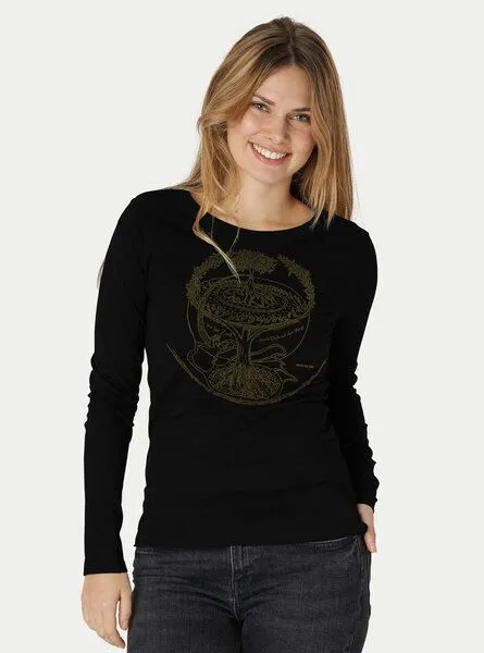 Peaces.bio - handbedruckte Biomode Peaces.bio - handbedruckte Biomode Bio-Damen-Langarmshirt "Weltenesche", Schwarz, – Produktbild 2 von 3