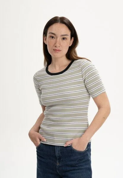 MELA MELA Ripp T-Shirt Style JASLEEN aus 100% Bio-Baumwolle, Dusty green gestreift, – Produktbild 1 von 4