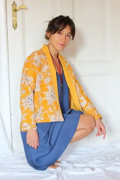 ManduTrap ManduTrap Boho Cardigan Damen – leichte Übergangsjacke aus recycelter Baumwolle (Kantha) – Sunaja, Gelb, – Produktbild 1 von 4