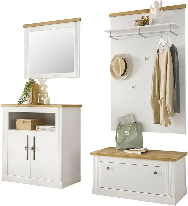OTTO home Garderoben-Set Westminster, Garderobe im Landhausstil, Komplettset mit viel Stauraum, (4-St), enthält Schuhbank, Spiegel, Kommode und Paneel, 204 cm breit, Weiß, – Produktbild 2 von 5