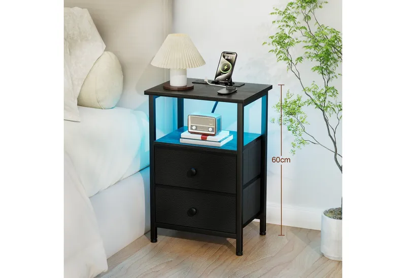 AMHANCIBLE Nachttisch 2er-Set mit integrierter Ladestation, LED-Beleuchtung & 2 Schubladen (2-St), multifunktionaler Beistelltisch mit offenem Fach, 40x30x60cm, Schwarz, – Produktbild 4 von 4