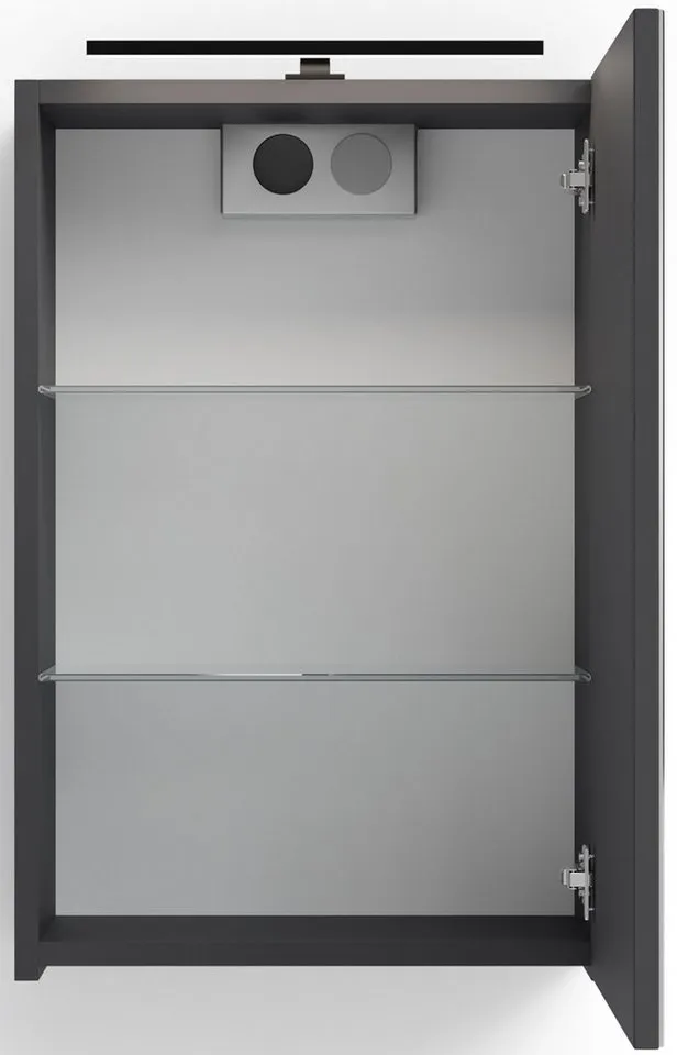 byLIVING Spiegelschrank Serie Spree, in vielen Breiten erhältlich Soft-Close, LED Beleuchtung mit Schalter- und Steckdosenbox, Grau, – Produktbild 4 von 5
