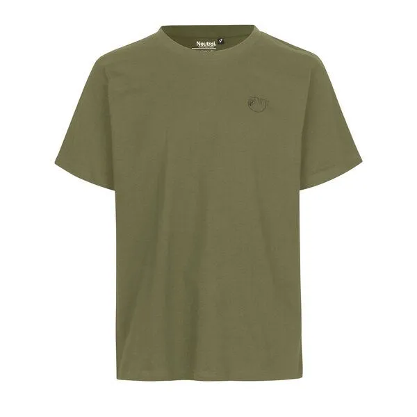 HANDGEDRUCKT HANDGEDRUCKT "Baumelmeister" Unisex T-Shirt aus reiner Baumwolle (kbA), Military green, – Produktbild 2 von 3