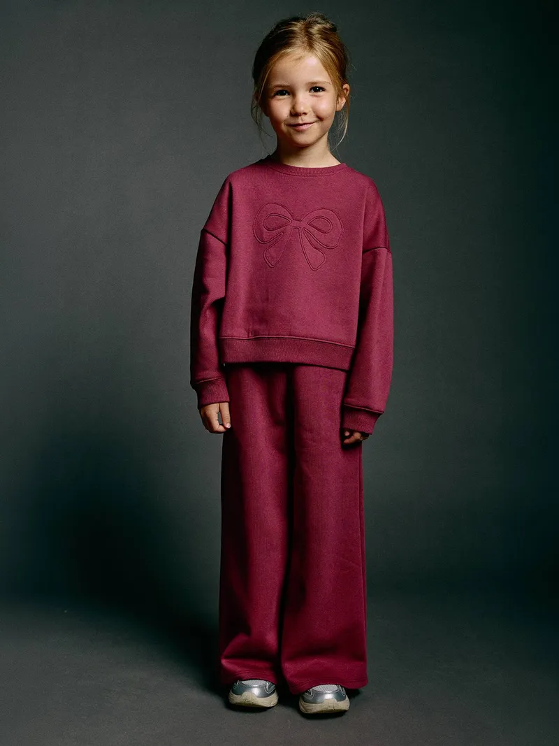 Vertbaudet Mädchen Set aus Sweatshirt mit Schleife und Jogginghose, Pflaume, – Produktbild 1 von 4