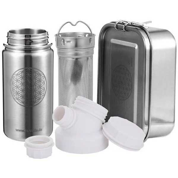 JN JuNiki's JN JuNiki's Einschulungs-Set "Blume des Lebens": Lunchbox + Edelstahltrinkflasche + Teefilter, Weiß, – Produktbild 1 von 4
