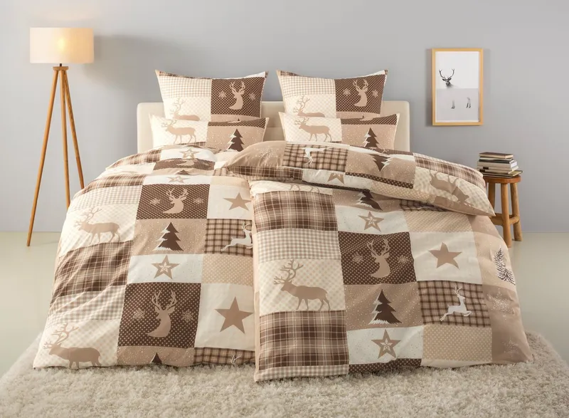 OTTO home Bettwäsche Nicholas, Linon, 2 teilig, Weihnachtsbettwäsche, Winter, in 3 Qualitäten verfügbar, Beige, – Produktbild 1 von 5