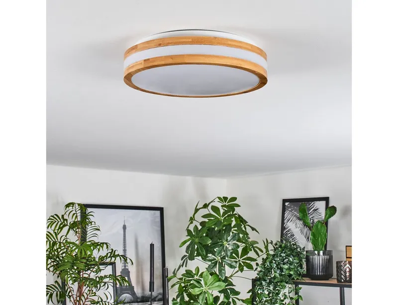 hofstein Deckenleuchte moderne Deckenlampe aus Metall/Bambus/Kunststoff in Weiß/Natur, LED wechselbar, 3000 Kelvin, Leuchte im angesagten Boho-Design (28, 5cm), 1700 Lumen, LED 16 W, Beige|weiß, – Produktbild 5 von 5