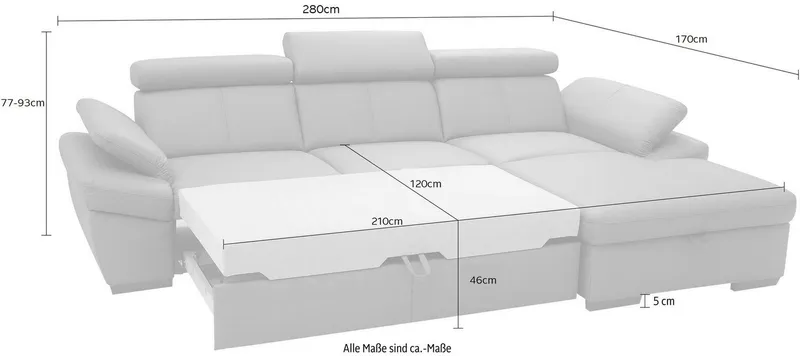 exxpo - sofa fashion Ecksofa Salerno, Funktionssofa, Breite 280cm, hoher Sitzkomfort, L-Form, inkl. Kopf- und Armteilverstellung, wahlweise mit Bettfunktion, Weiß, – Produktbild 5 von 5