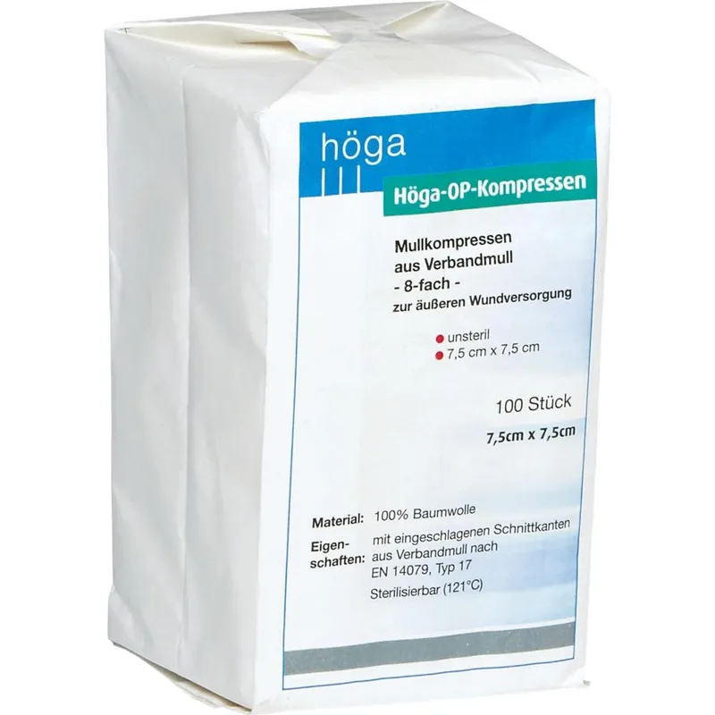 Höga-Pharm HÖGA OP Kompressen 7,5x7,5 cm unsteril 8fach 100 St Kompressen – Produktbild 1 von 1