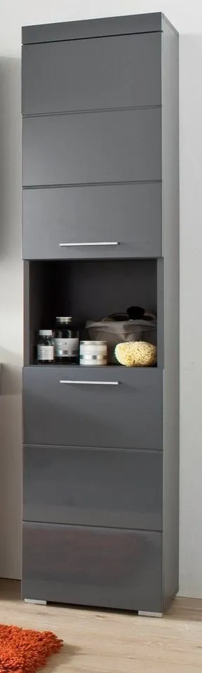trendteam Hochschrank Amanda (Badschrank in grau, 2-türig, 37 x 190 cm) Hochglanz, Grau, – Produktbild 2 von 5