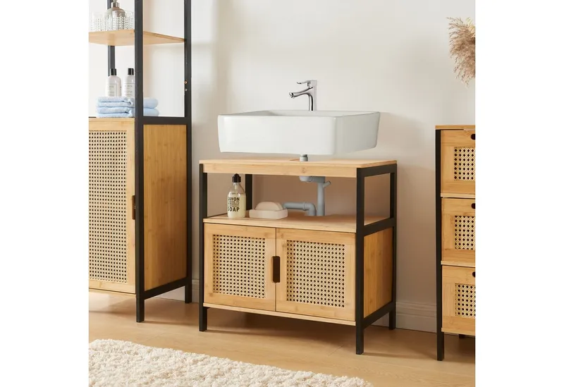 en.casa Waschbeckenunterschrank »Tervola« 60x60x35 cm Schwarz/Bambus, Beige|schwarz, – Produktbild 2 von 5