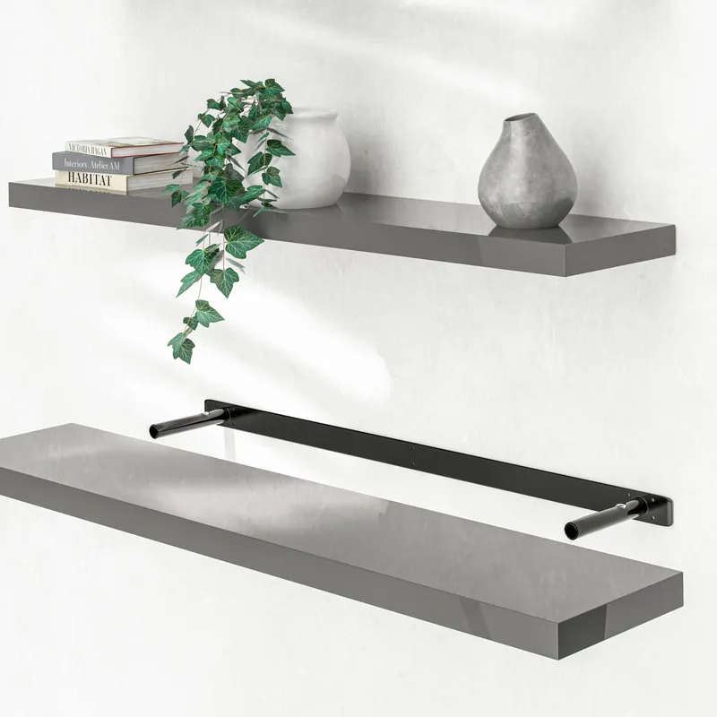 Casaria® Wandregal Schweberegal 110cm Hochglanz Grau + Halterung, Grau, – Produktbild 2 von 2