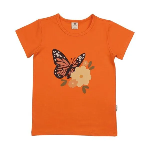 Walkiddy Walkiddy Kinder T-Shirt GOTS-zertifiziert aus Bio-Baumwolle orange mit Schmetterlings- und Blumenmotiv, Blau, – Produktbild 1 von 3