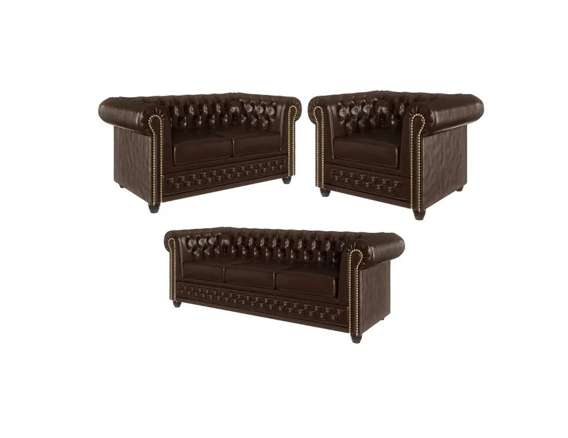 S-Style Möbel Polstergarnitur Chesterfield Jeff 3+2+1 aus veganem Leder mit Holzfüßen, (1x 3-Sitzer-Sofa, 1x 2-Sitzer-Sofa, 1x Sessel), mit Wellenfederung, Braun, – Produktbild 1 von 4
