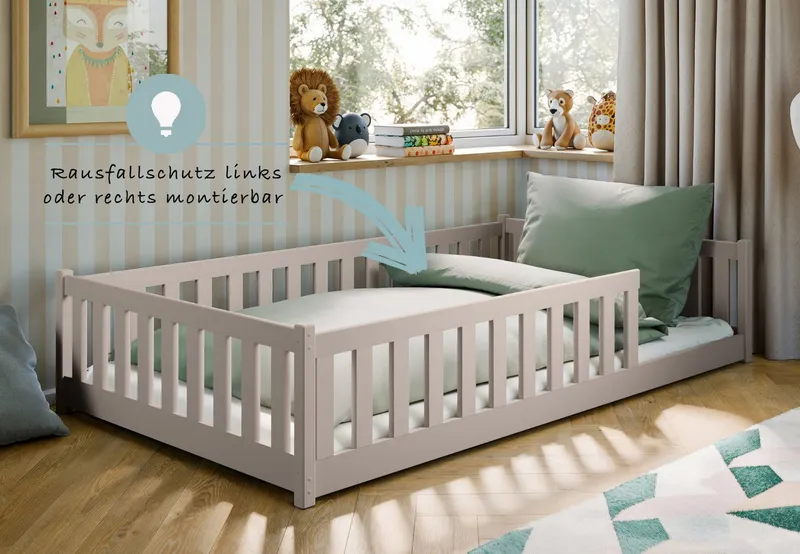 Kids Collective Kinderbett Bodenbett Bett mit Rausfallschutz & Lattenrost Montessori Bett Kinder (Jungen, Mädchen, Kinder, weitere Größen 80x160, 80x180, 90x190, 90x200, 140x200 cm), Jugendbett Gitterbett Einzelbett, Kaschmir Kiefer 120x200 cm, Grau, – Produktbild 5 von 5