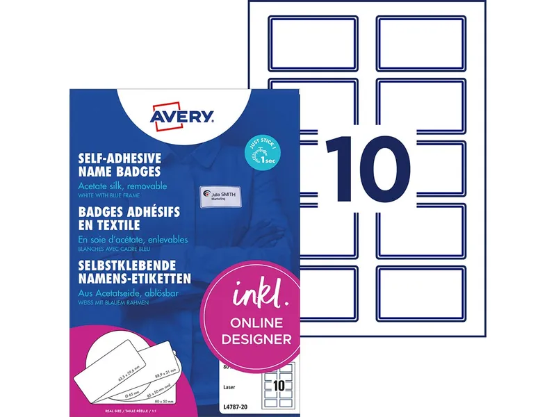 Avery Zweckform Avery Zweckform Selbstklebende Namens-Etiketten Laser "L4787" 200 Stk. 80x50mm, Weiß/blau, – Produktbild 1 von 1