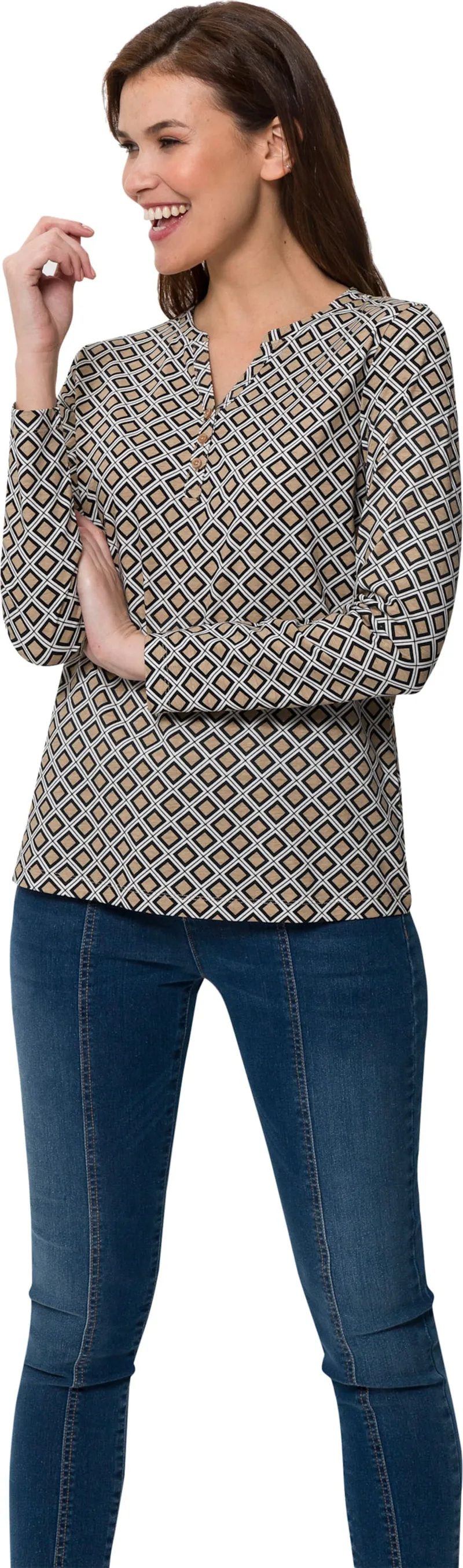 heine Langarmshirt schwarz-beige-bedruckt, Schwarz-beige-bedruckt, – Produktbild 2 von 2