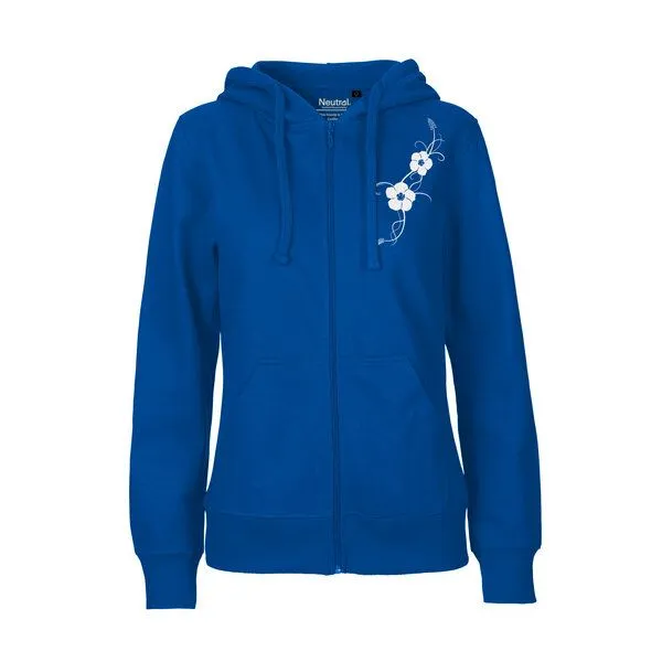 HANDGEDRUCKT HANDGEDRUCKT "Hibisken" Frauen Zip-HOODY aus reiner Biobaumwolle (kbA), Royal, – Produktbild 1 von 2