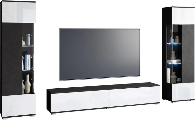 OTTO home Wohnwand Kenia, Vitrine Türanschlag links/rechts wechselbar, (3-St), Vitrinen mit Eckverglasung, hängend und stehend montierbar, Grau, – Produktbild 3 von 5