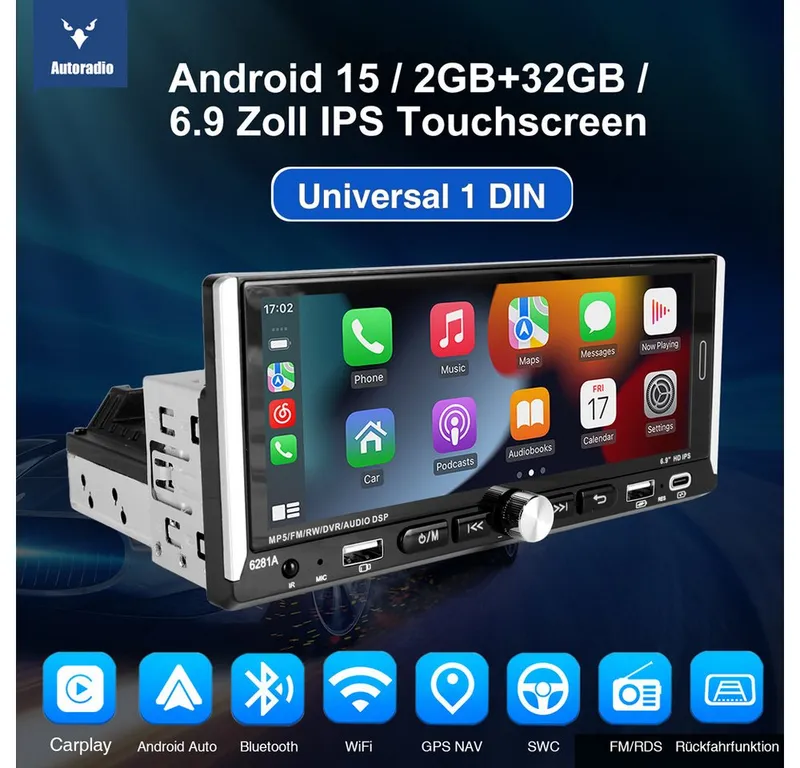 ESSGOO 4GB+64GB Single 1DIN Android 15 Apple Carplay Android Auto GPS WiFi Navigationsgerät (Carplay Android Auto Bluetooth FM AM RDS WIFI GPS), Schwarz, – Produktbild 2 von 5