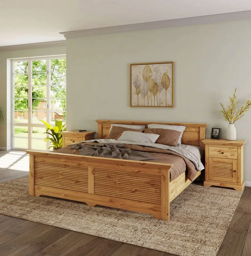 OTTO home Bett Rauna, Landhausstil, edles Design mit Lamellen und Kassetten, 2 Farben (Breite/Belastbarkeit 180cm=220 KG, 90cm=120KG), FSC® zertifiziertes Kieferholz, massive Qualität mit Lattenrost, Beige, – Produktbild 6 von 8